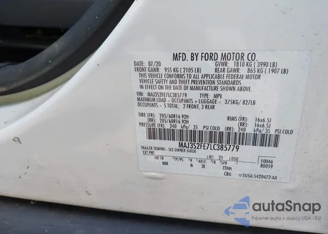 2020 Ford Ecosport S z USA, uszkodzony, nr VIN MAJ3S2FE7LC385779